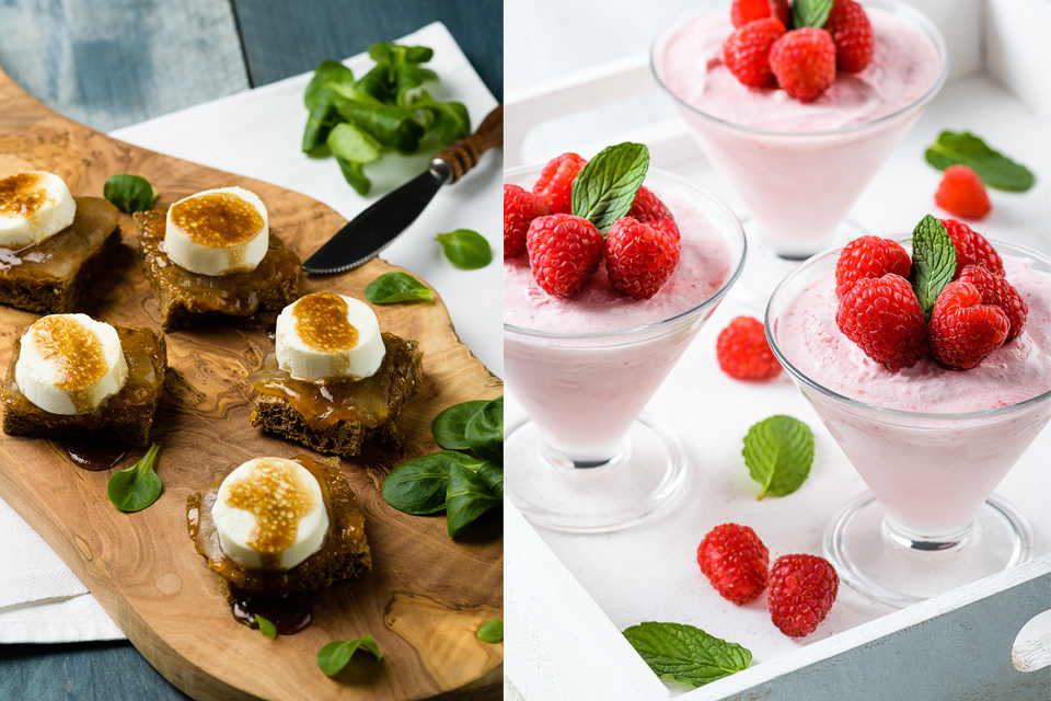Kleine geitenkaashapjes en frambozen dessert