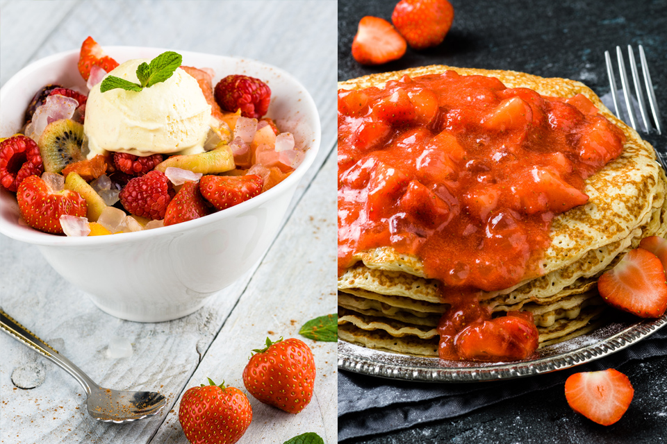 Twee desserts: aardbijen ijs en aardbijen pannenkoeken