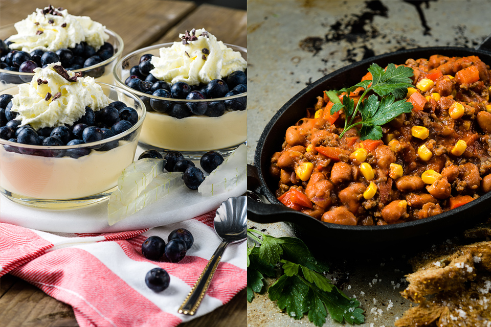 blauwe bessen desserts en chili con carne met mooi keukengerei