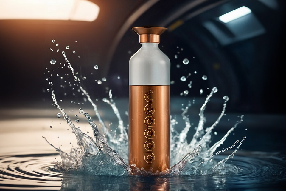 Reclamefotografie van Dopper fles met splash in een fantasie setting